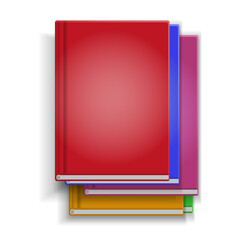 Books are stacked. Top view. Various blank color books on white background for your desing and presentation. View from above. 