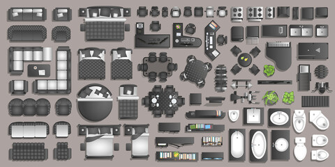 Icons set of interior. Furniture top view. Elements for the floor plan. (view from above). Furniture and elements for living room, bedroom, kitchen, bathroom, office.