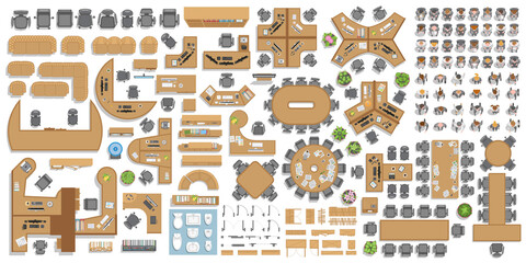 Vector set of office. People at work and office furniture. (top view) Desks, chairs, cabinets, sofas, computers, conference room, reception. Men and women in different poses. (view from above)