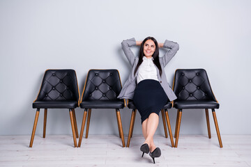 Portrait of her she nice attractive classy elegant cheerful lady executive office manager sitting...