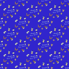 Fototapeta na wymiar New year seamless pattern. Christmas pattern on a blue background - Christmas star and candlestick, Christmas balls and bells. For festive design and decoration. Vector 