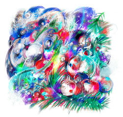 2021 New year.Christmas. Colorful drawing with crayons and paints on a white background. Christmas decoration, Christmas tree, fruit, balls, berries. Space, snowflakes and stars in a spiral.