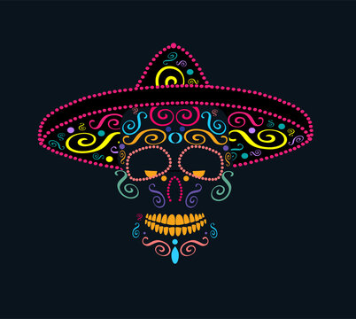 Mexican skull with sombrero and ornaments details, colorful Day of the dead vector background