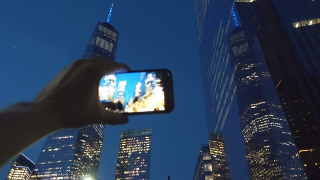 POV on Tourist Photographing skyscrappers in NYC Manhattan in 4K Slow motion 60fps