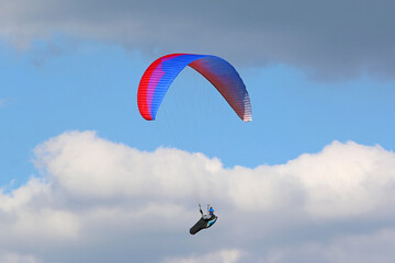 Paraglider flying wing in a blue sky	