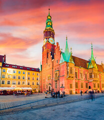 Superb evening cityscape of Wroclaw, Market Square with Town Hall. Magnificent summer scene of historical capital of Silesia, Poland, Europe. Traveling concept background.