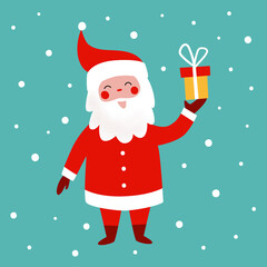 Cute Christmas greeting card with funny Santa and snowflakes. Vector Christmas illustration. Santa Claus give gifts.