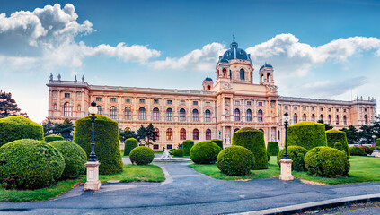 Fototapeta na wymiar Wonderful spring scene of Maria Theresa Square with famous Naturhistorisches Museum (Natural History Museum). Stunning morning cityscape of Vienna, Austria, Europe. Traveling concept background..