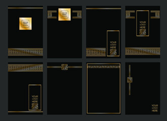 A large set of branded templates. Banners. Golden elements on a black background