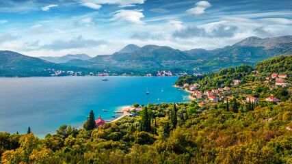 Attractive morning view of Slano town on the west seashore of Croatia, Europe. Captivating summer...