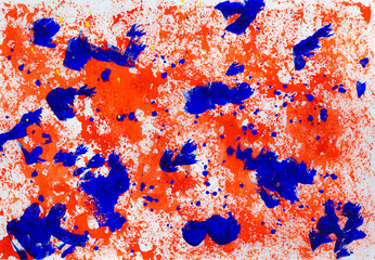 Abstract red and blue watercolor on white background. Hand Made Backdrop. Brush Image. Spots of paint. Fragment of artwork.