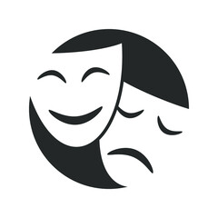 Theatrical masks graphic icon. Sign masks in the circle isolated on white background. Symbol of theatre. Vector illustration