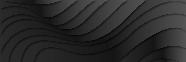 Black abstract tech banner with liquid curved glossy waves. Dark refraction vector background 