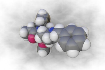 Molecular model of carfentanil. Atoms are represented as spheres with color coding: carbon (grey), oxygen (red), nitrogen (blue), hydrogen (white). Scientific background. 3d illustration