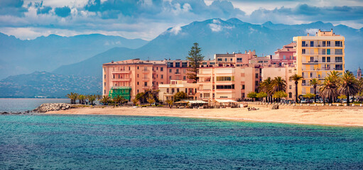 Colorful spring cityscape of Ajaccio town. Picturesque morning scene of Corsica island, France,...