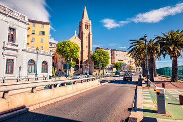 Fototapeta na wymiar Picturesque summer cityscape of Bastia town with Iglesia Catholic church on background. Stunning morning view of Corsica island, France, Europe. Traveling concept background.