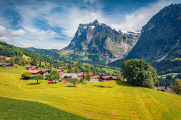 Superb morning view of Grindelwald village valley from cableway. Beautiful summer scene of Wellhorn...