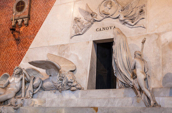 VENICE, ITALY - MARCH 30, 2017: Monument to Antonio Canova in Basilica di santa maria gloriosa dei frari (The Frari). The Church is one of the greatest churches in the city with status minor basilica