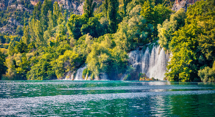 Attractive summer view of Krka waterfalls. Wonderful morning scene of Krka National Park, Roski Slap location, Croatia, Europe. Beautiful world of Mediterranean countries.