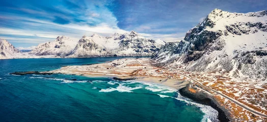 Foto op Canvas Unbelievabl spring sunset on Skagsanden beach. Fantastic evening view of Vestvagoy island. View from flying drone of Lofoten Island. Beautiful seascape of Norwegian sea. Life over polar circle. © Andrew Mayovskyy