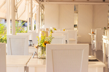 Empty chairs in the restaurant due to pandemic of Corona virus