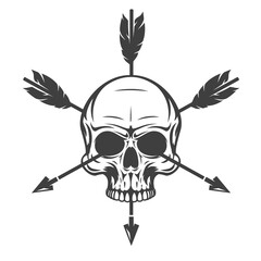 Vintage monochrome human skull with arrow isolated on white background. Hand drawn design element template for emblem, print, cover, poster. Vector illustration.