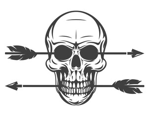 Vintage monochrome human skull with arrow isolated on white background. Hand drawn design element template for emblem, print, cover, poster. Vector illustration.