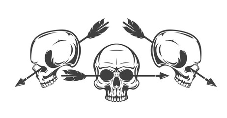 Vintage monochrome three human skull with arrow isolated on white background. Hand drawn design element template for emblem, print, cover, poster. Vector illustration.