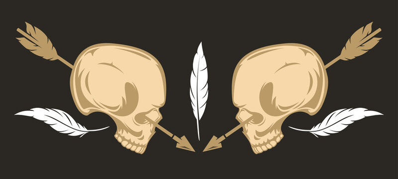 Vintage Color Two Human Skull With Feather And Arrow Isolated On Black Background. Hand Drawn Design Element Template For Emblem, Print, Cover, Poster. Vector Illustration.