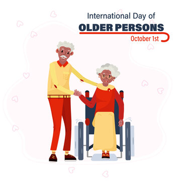 International Day Of Older Persons In October. Happy Senior Afro American Couple. Woman Sit In Wheelchair, Husband Stay Next To Her. Elderly People Are Stay Together.