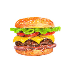 grunge textured pattern of appetizing hamburger with cutlet, salad, onion, ketchup, cheese and sesame seed bun. Drawing made with rough brush strokes.