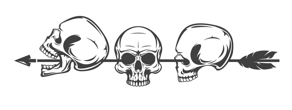 Vintage monochrome three human skull with arrow isolated on white background. Hand drawn design element template for emblem, print, cover, poster. Vector illustration.