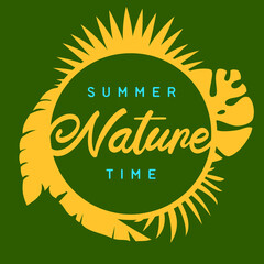 Vintage colorful minimalistic composition with tropical leaf and inscription. Vivid vector element for sticker, cover or print isolated on simple background.