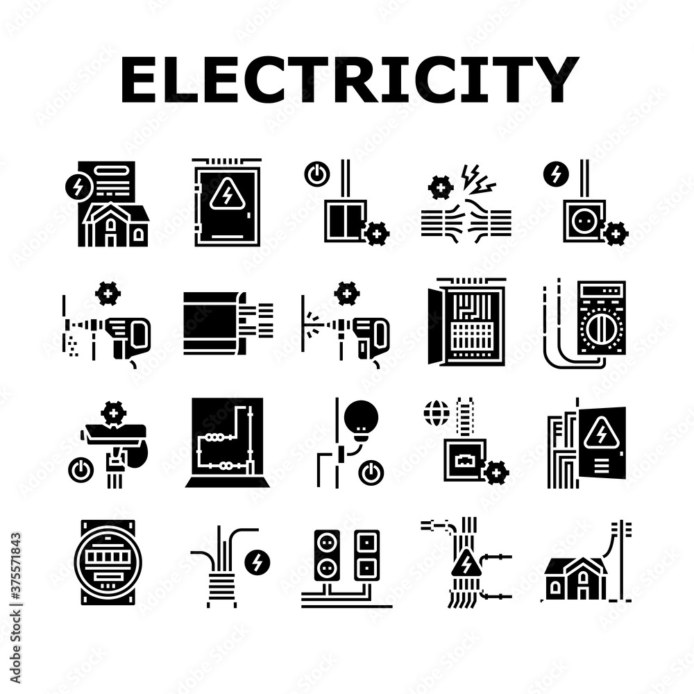 Poster electrical installation tool icons set vector. socket and substation automation box installation, wa