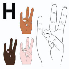 "Н" is the fifteenth letter of the alphabet in sign language, Russian. Black and white hand drawing, and by skin tones. Vector illustration