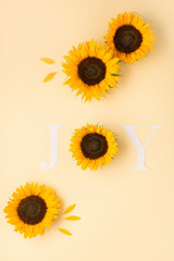 Word Joy. Autumn greeting card invitation. Beautiful fresh sunflowers with leaves on yellow background.