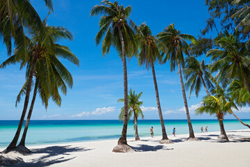 A group of people walking next to coconut trees along the clean White Beach of Boracay Island, Aklan, Visayas, Philippines, at a sunny day.