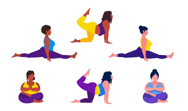 Plus size young women doing fitness, pilates, yoga, forward split. Body love lifestyle healthcare illustration. An overweight woman stretching. Lotus namaste asana. Isolated on a white background.