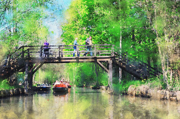 Fototapeta premium Digital watercolor illustration of Spreewald forest in Brandenburg Germany. Tourist boat in channel and people walking over a bridge.