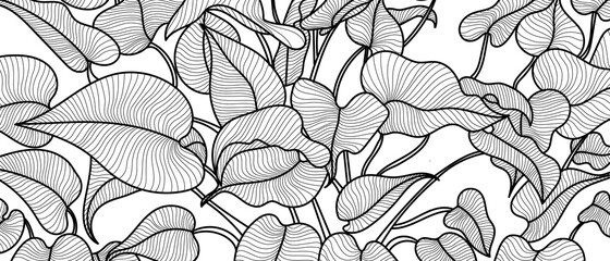 Luxury black and white art deco wallpaper. Nature background  with  with compositions of hand drawn tropical flowers, Plants, paradise bouquet. Vector illustration.