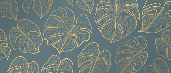 Luxury golden art deco wallpaper. Nature background vector. Floral pattern with golden split-leaf Philodendron plant with monstera plant line art on green emerald color background © TWINS DESIGN STUDIO