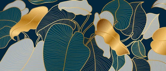 Tuinposter Luxe gouden art deco behang. Natuur achtergrond vector. Bloemmotief met gouden gespleten blad Philodendron plant met monstera plant lijntekeningen op groene smaragd kleur achtergrond © TWINS DESIGN STUDIO