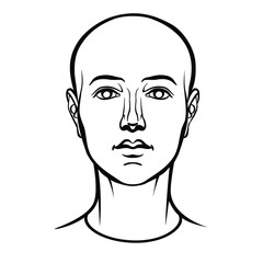 Hand drawn model of androgynous human head in face. Black and white outline vector drawing isolated on white background.