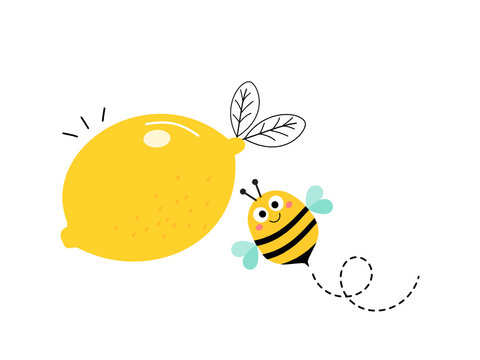 Flying bee and lemon on white background vector illustration. Cute cartoon character.