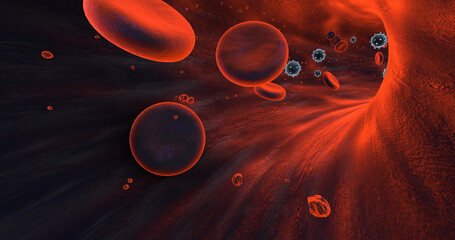 Viruses And Red Blood Cells Flowing Inside Of Human Vein. Infected Human. 3D Illustration Render. Science And Health Related High Quality 3D Render.