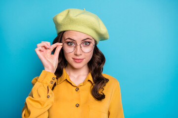 Close up photo of smart cute pretty girl lady look good spectacles impressed bargain novelty isolated over blue color background