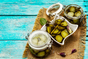 Marinated pickled cucumbers with spices and herbs
