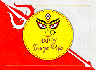 Happy Durga Puja vector illustration background with goddess Durga eyes and trishul.