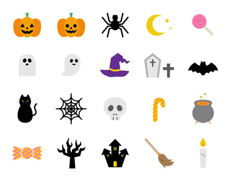 ハロウィンのシンプルなアイコンのセット かわいい イラスト カボチャ おばけ キャンディー 黒猫 Stock Vector Adobe Stock