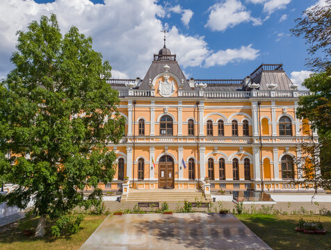 The Manuc Bei mansion, an architectural, culture and historic complex with museum, winery and other edifices located in Hincesti city, Moldova. Manuc Bey palace facade and yard in a sunny summer day.